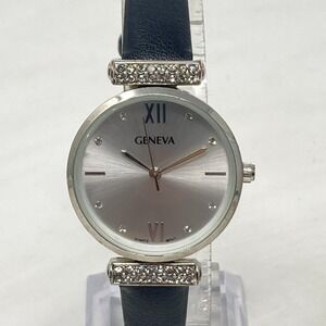 Geneva Watch Women 30mm Silver Tone Crystal Bling Black Band New Battery 9"